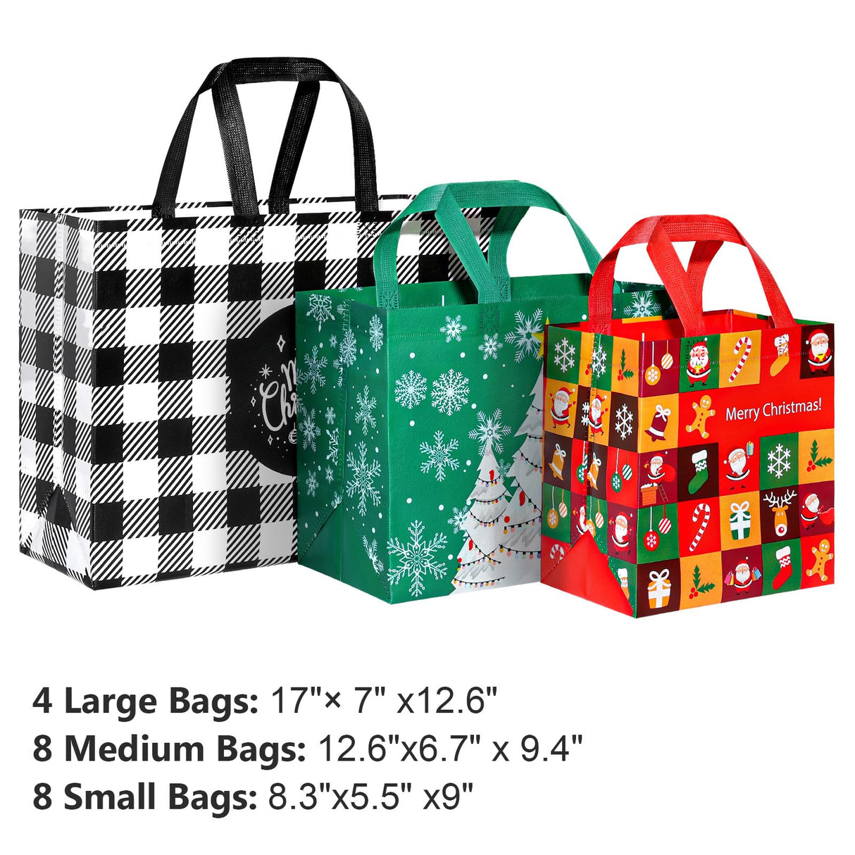 YANGTE 20 Pack Christmas Gift Bags Assorted Sizes, Reusable Tote Bags with Handle, Includes 4 Large 8 Medium 8 Small Non-Woven Christmas Bags for Xmas Party Favors YANGTE