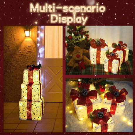 Christmas Decorations, Set of 3 Christmas Lighted Gift Boxes, Plush Christmas Ornaments with 60 LED Warm White Christmas Lights for Christmas Tree Skirt Fireplace Table Room Indoor Decor Aokudoni