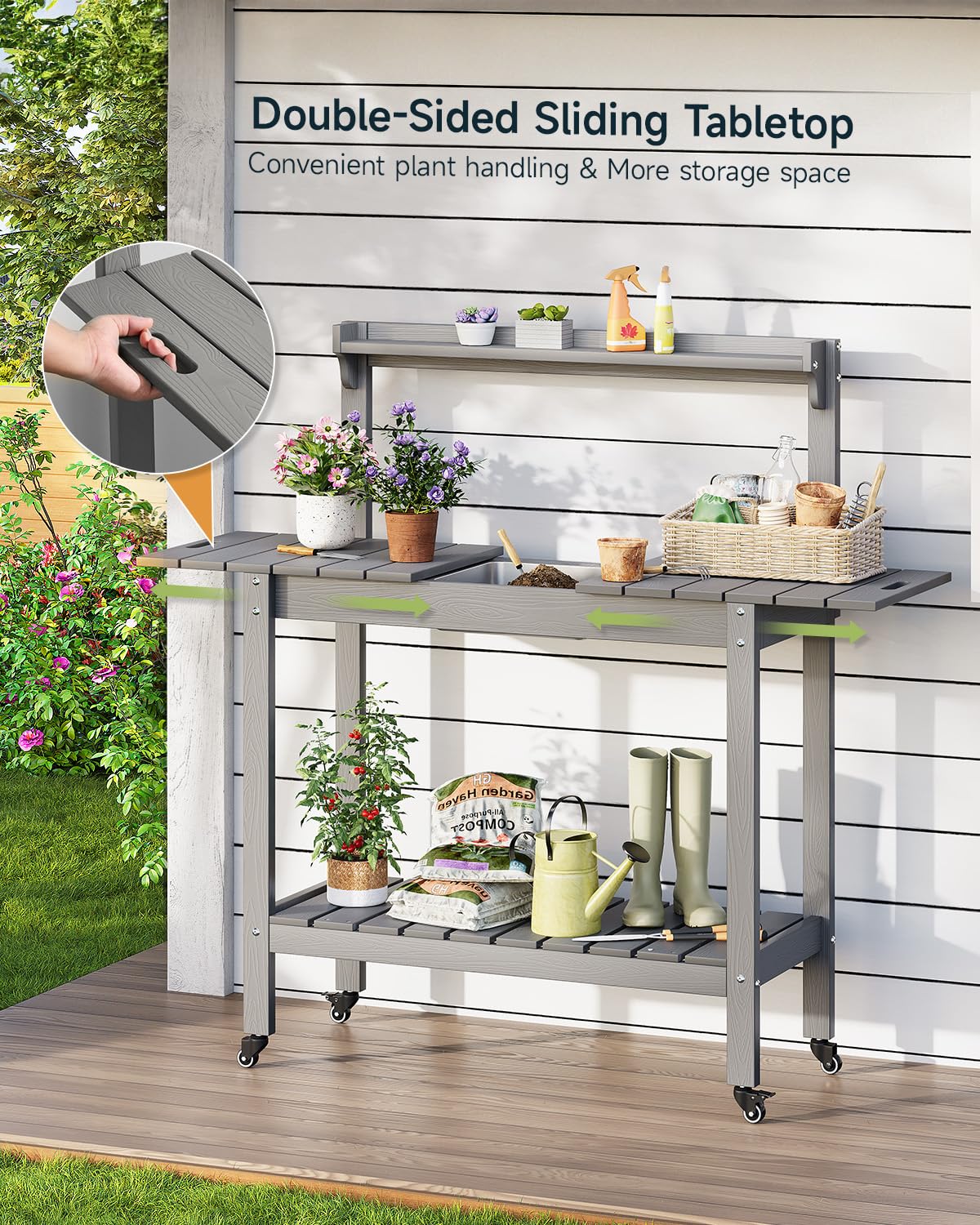 HDPS Outdoor Potting Bench with Sliding Tabletop/ 4 Wheels/Removable Sink, All-Weather Outside Garden Work Table, No Rust/Fade/Break, Potting Station for Porch, Patio & Backyard (Grey) ONBRILL