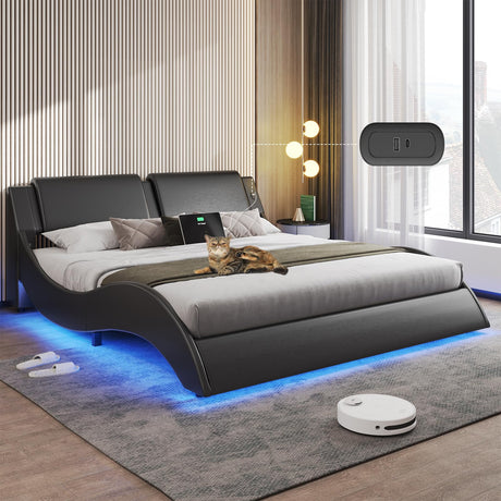 DICTAC Queen Bed Frame with Led Lights and Charging Ports Modern Faux Leather Upholstered Queen Size Platform Bed with Headboard Wave Like Curve Low Profile Bed,Wood Slats Support,Easy Assembly,Black DICTAC