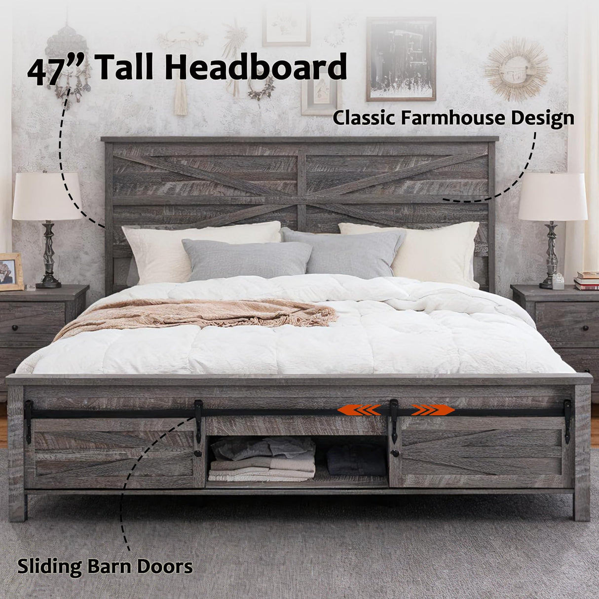 JXQTLINGMU Farmhouse King Size Bed Frame with 47" Tall Headboard, Wood King Bed Frame with Storage Cabinet, Solid Wood Slats Support, Noiseless, No Box Spring Needed (Grey) JXQTLINGMU