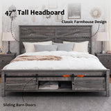 JXQTLINGMU Farmhouse King Size Bed Frame with 47" Tall Headboard, Wood King Bed Frame with Storage Cabinet, Solid Wood Slats Support, Noiseless, No Box Spring Needed (Grey) JXQTLINGMU