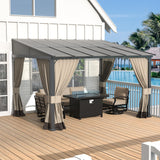 Kurapika 10’ x 12’ Wall Mount Gazebo Outdoor Pergola, Hardtop Lean to Gazebo Canopy Awnings with Sloped Roof and Sturdy Steel Frame, for Patio, Porch, Deck, Backyard(Sand) Kurapika