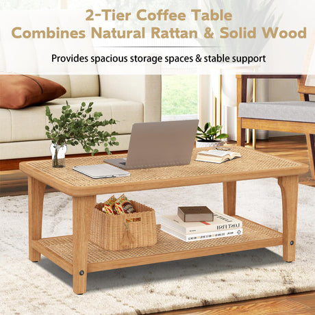 Yongchuang Rattan Rectangle Coffee Table Boho Wood Tea Table 44" Mid Century Modern 2-Tier Center Table for Living Room Office Yongchuang