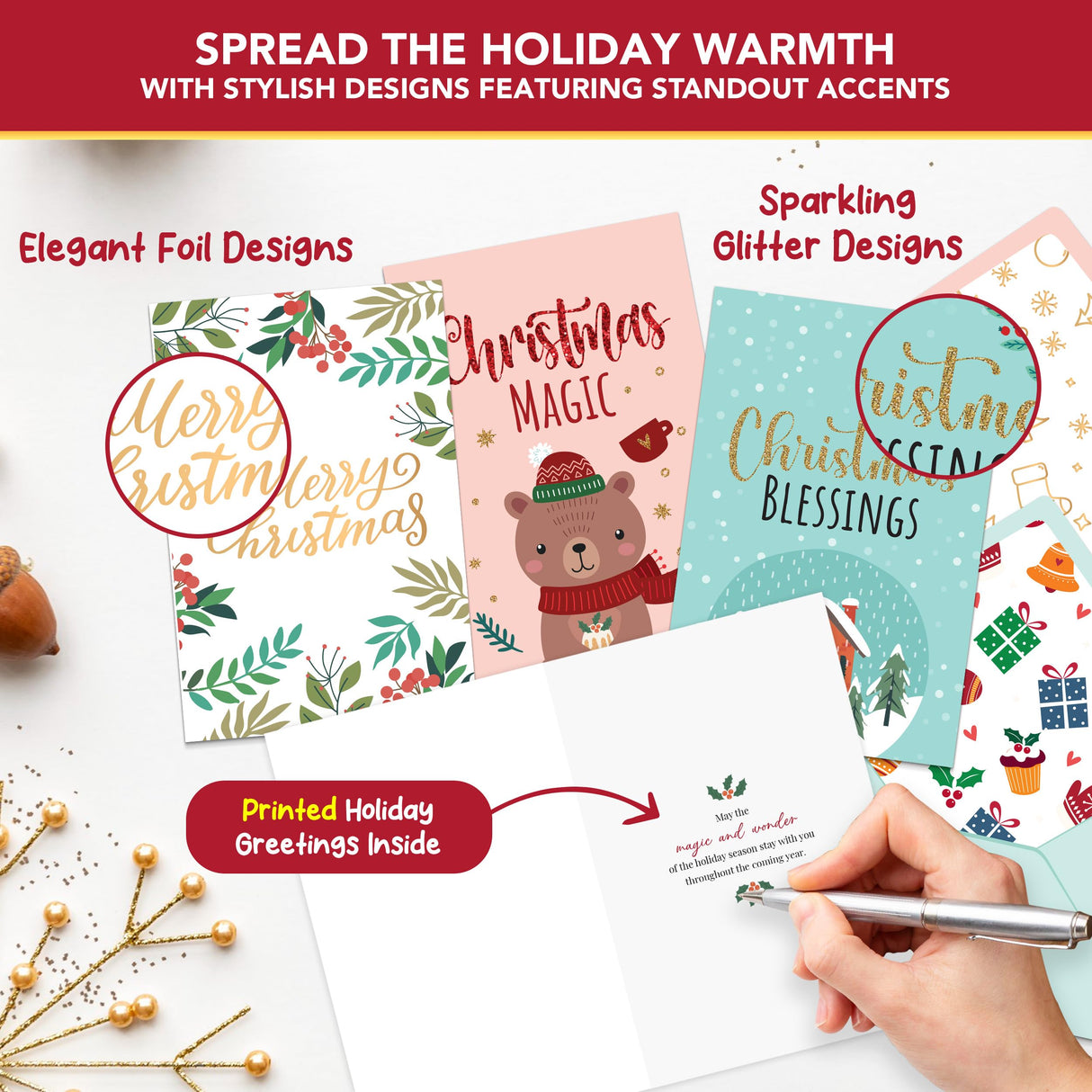 Decorably 100 Pack Foiled and Glittery Assorted 6x4in Christmas Cards Bulk with Envelopes and Stickers, 20 Adorable Designs Christmas Cards 100 Pack With Printed Message Inside Decorably