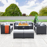 Rattaner 7 PCS Outdoor Furniture Sets 60000BTU 45-Inch Outdoor Propane Fire Pit Table Patio Furniture Set No-Slip Cushions and Waterproof Covers, Light Grey Rattaner