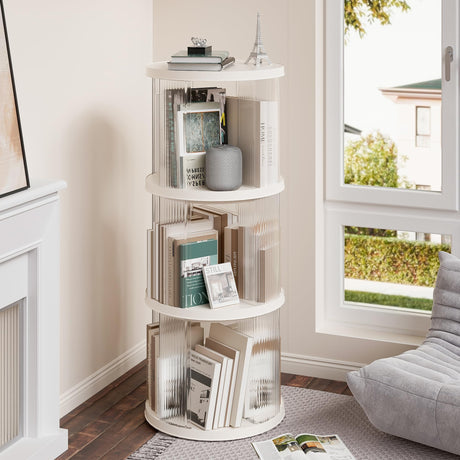 360° Rotating Bookshelf for Small Spaces, Display Rack, Modern Acrylic Corner Spinning Bookshelf with Turntable, 3 Tier Floor Standing Bookcase For Kids Adults, Book Organizer for Bedroom, Living Room Montary