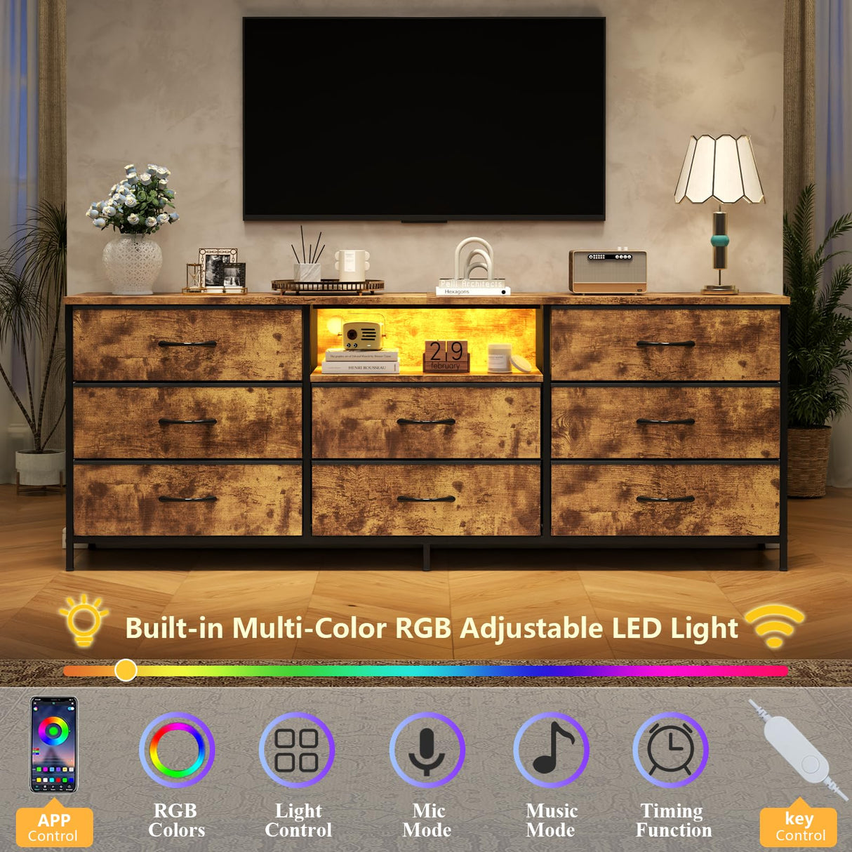 Loomie 63 Inch Dresser for Bedroom, Wide Long Fabric Dresser with LED Lights & 8 Drawers, Large TV Stand for 55, 65, 70 Inch TV, Entertainment Center with Storage (Rustic Brown) Loomie