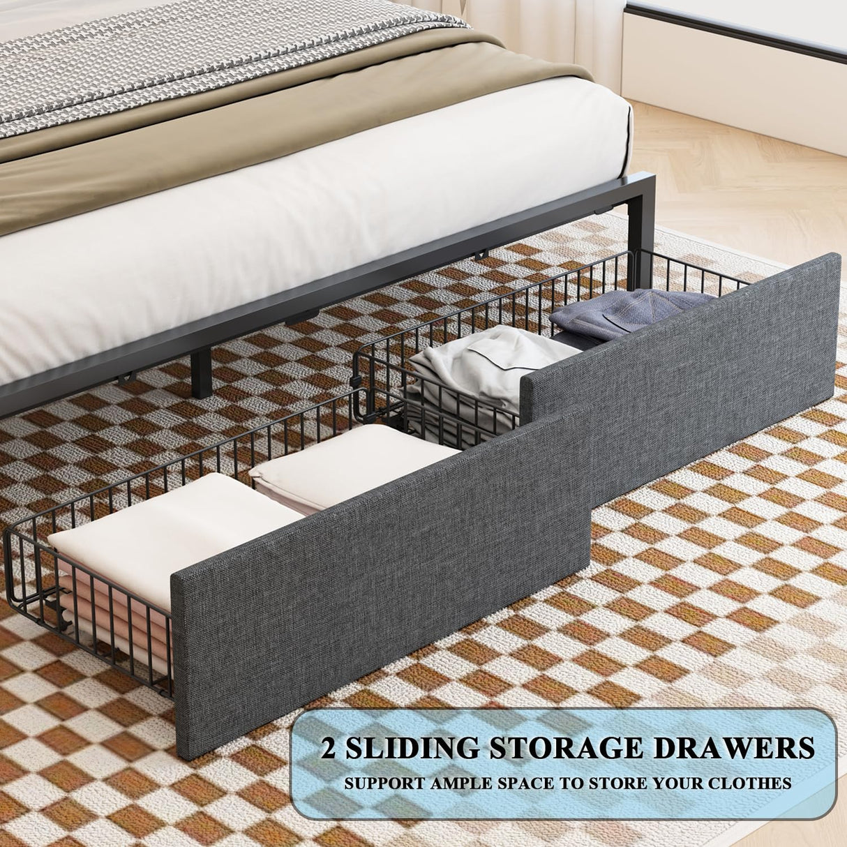 TIGUBFRE King Size Bed Frame with Bookcase Storage Drawers, LED Lights, Upholstered Platform Bed Frame with Headboard, Charging Station, Metal Slats Support, Noise Free, No Box Spring Needed, Grey TIGUBFRE