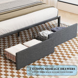 TIGUBFRE King Size Bed Frame with Bookcase Storage Drawers, LED Lights, Upholstered Platform Bed Frame with Headboard, Charging Station, Metal Slats Support, Noise Free, No Box Spring Needed, Grey TIGUBFRE