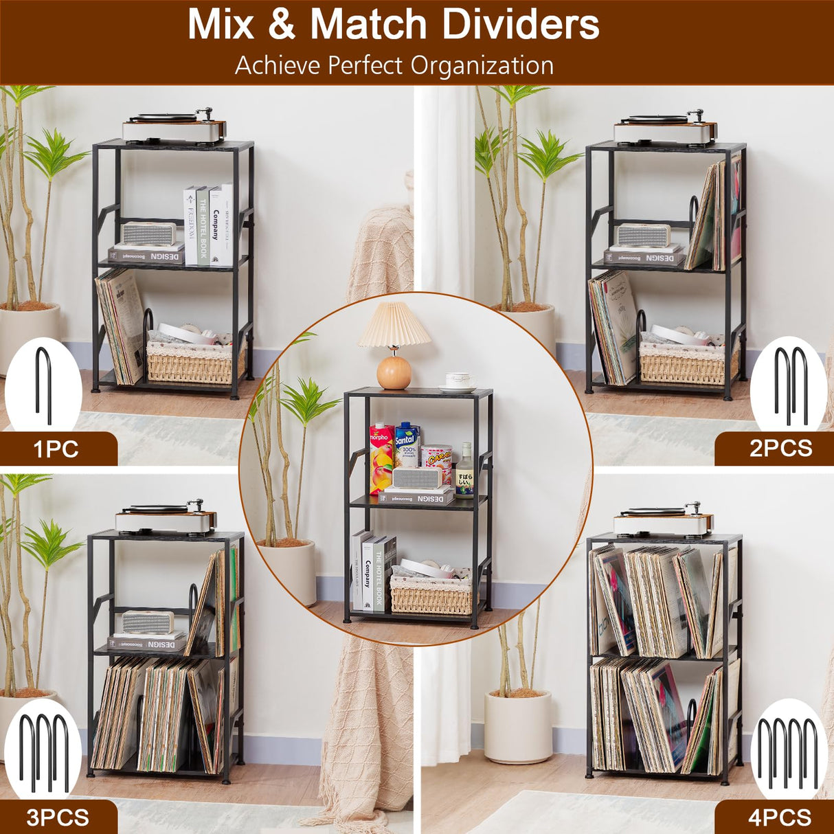 LOAKEKEL Record Player Stand, Vinyl Record Storage Up to 200 Albums, 3 Tier End Table with Removable Dividers, Tall Side Table for Living Room, Bedroom, Black, HETCD010BK1 LOAKEKEL