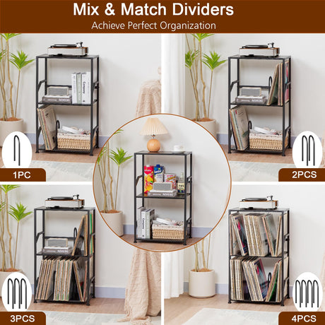 LOAKEKEL Record Player Stand, Vinyl Record Storage Up to 200 Albums, 3 Tier End Table with Removable Dividers, Tall Side Table for Living Room, Bedroom, Black, HETCD010BK1 LOAKEKEL