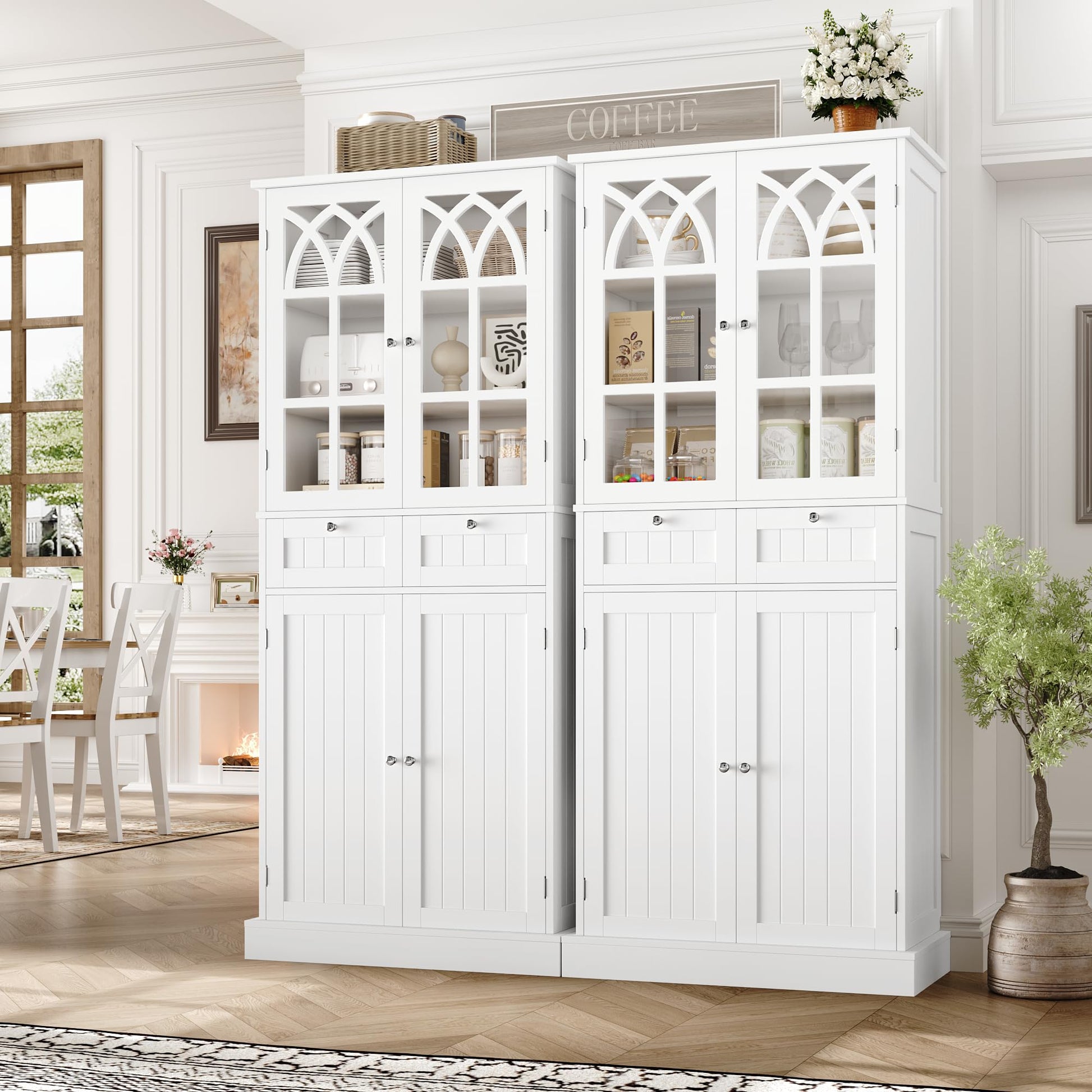 finetones 71” Kitchen Pantry Cabinet, Kitchen Cabinet Kitchen Hutch with 2 Drawers and 4 Doors, Freestanding Kitchen Cupboard Pantry Cabinet for Dining Room, White - WoodArtSupply