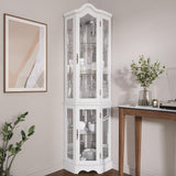 BELLEZE Lighted 3-Side Glass Display Curio Cabinet w/ Tempered Glass Doors and Shelves, Curved Wood Corner Cabinet with Bulb, Corner Storage Rack (White) BELLEZE