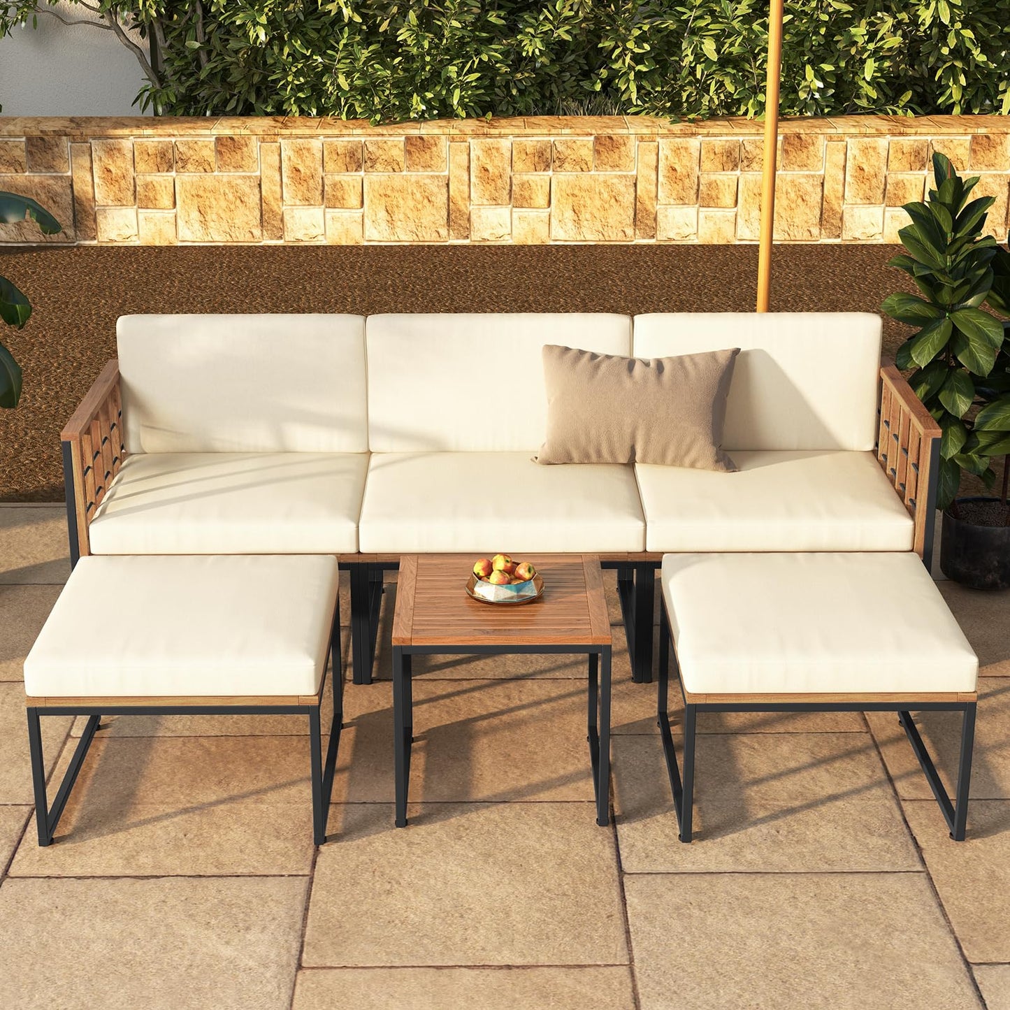 Tangkula 6 Pieces Acacia Wood Patio Furniture Set, Patiojoy Outdoor Sectional Conversation Sofa Set with Cushions, Coffee Table and Ottomans, Patio Seating Sofas for Garden, Poolside, Backyard (Beige)