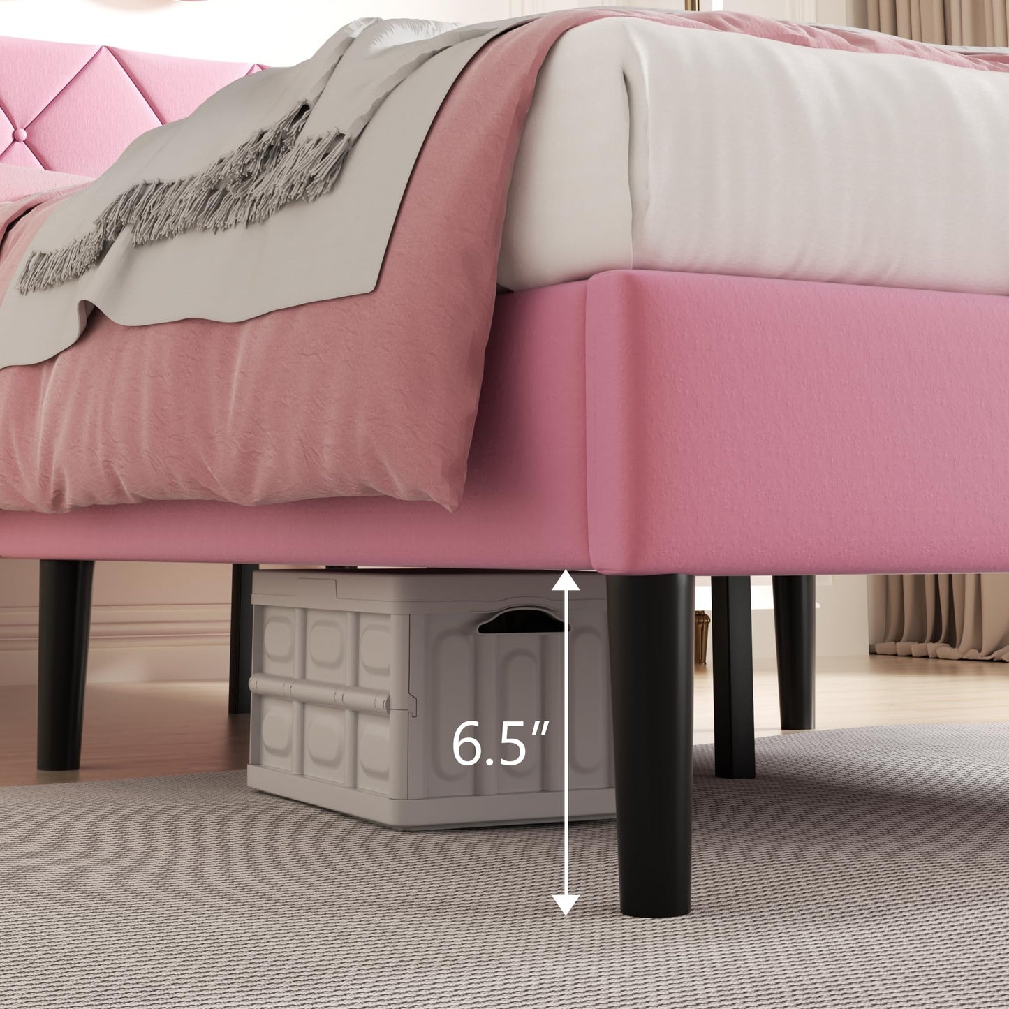 ZIEUNS Queen Size Bed Frame, Upholstered Platform Bed Frame with Button Tufted Velvet Headboard, Mattress Foundation, Wooden Slats Support, No Box Spring Needed, Super Easy Assembly, Pink