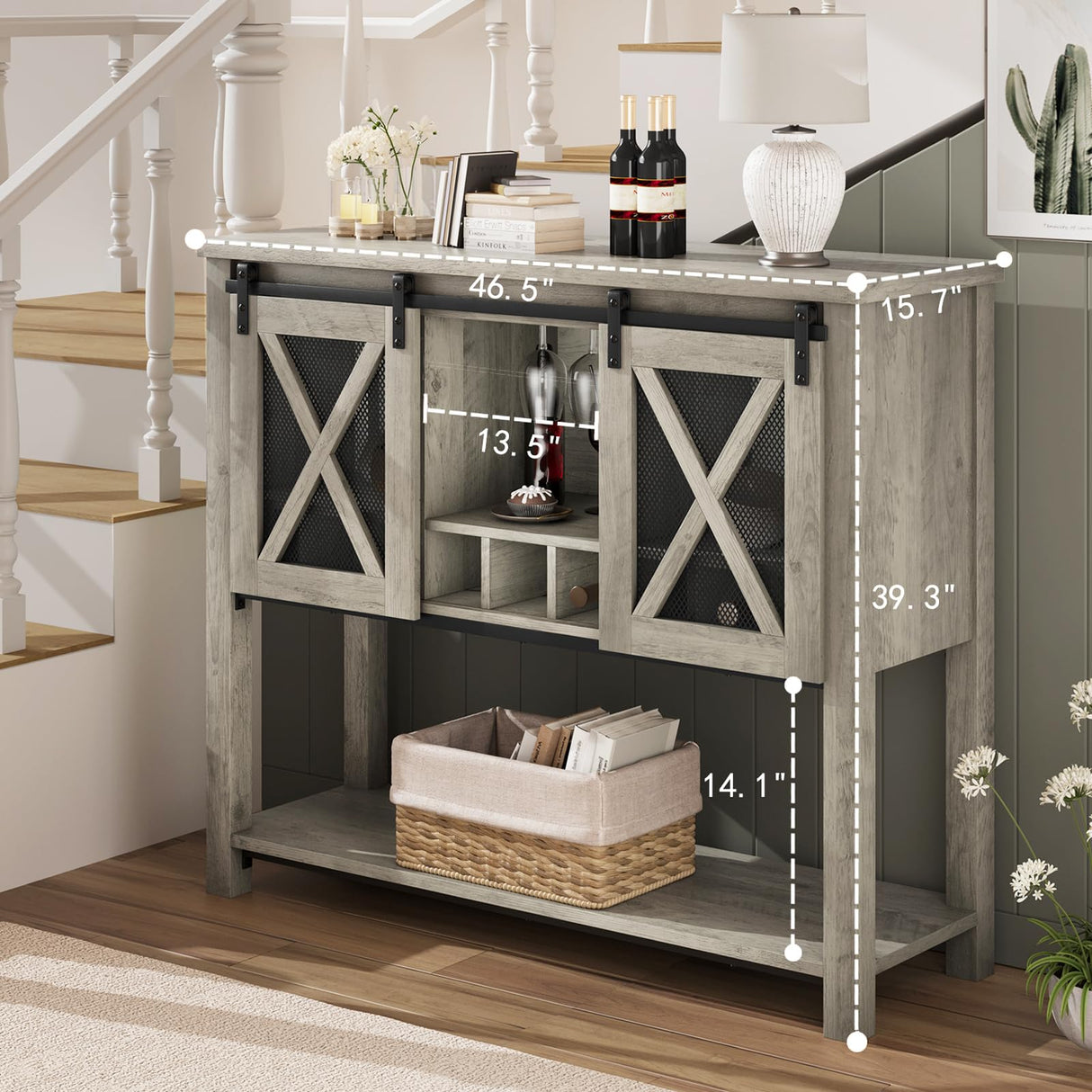 IDEALHOUSE Coffee Bar Cabinet, Sideboard Buffet Storage Cabinet with Storage, Farmhouse Wine Bar Cabinet with Wine Glass Rack, Liquor Cabinet Bar for Home, Kitchen, Dining, Living Room, Grey IDEALHOUSE