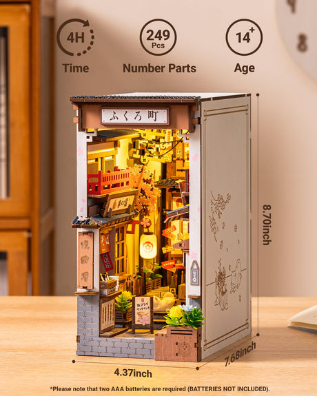 ROBOTIME Book Nook Kit DIY Miniature House Kit for Adults 3D Wooden Puzzle Bookends Bookshelf Diorama Insert Dollhouse Creative Decorative Unique Gifts for Teens and Beginners (Sakura Wine Alley) ROBOTIME
