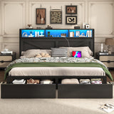 Incyneva Farmhouse King Bed Frame with Bookcase Storage Headboard, Charging Station, LED Light and 2 Storage Drawers, Noise Free, No Box Spring Needed, Black Incyneva