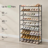 Nunsino Shoe Rack, Metal Shoe Organizer, 8 Tier Garage Shoe Rack Max Holds 40 Pairs,Shoe Storage Shelf for Closet,Entryway, Black Nunsino