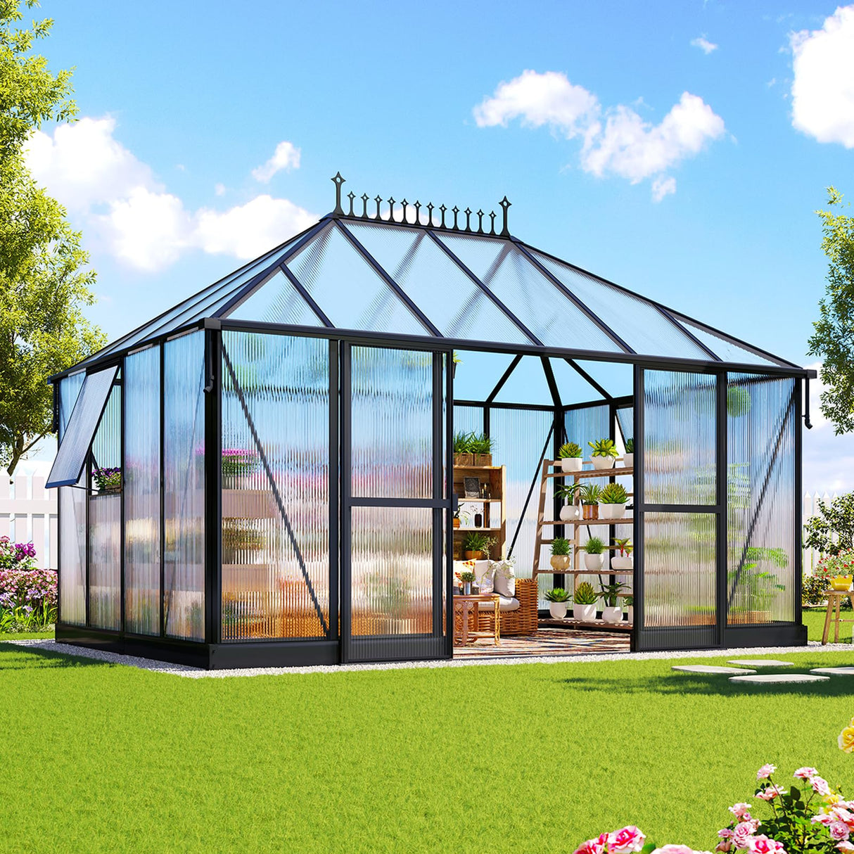 14x9.7x10 FT Polycarbonate Greenhouse for Outdoors, Large Winter Greenhouse Sunroom with 2 Adjustable Windows &Sliding Door, Walk-in Design with Aluminum Frame for Patio, Garden gohonei