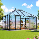 14x9.7x10 FT Polycarbonate Greenhouse for Outdoors, Large Winter Greenhouse Sunroom with 2 Adjustable Windows &Sliding Door, Walk-in Design with Aluminum Frame for Patio, Garden gohonei