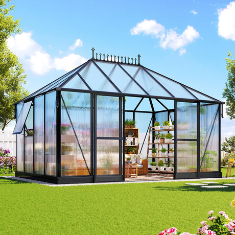 14x9.7x10 FT Polycarbonate Greenhouse for Outdoors, Large Winter Greenhouse Sunroom with 2 Adjustable Windows &Sliding Door, Walk-in Design with Aluminum Frame for Patio, Garden gohonei
