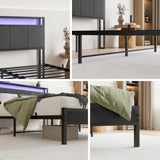 VECOCHO Queen Upholstered Bed Frame with Charging Station, LED Lights, and Headboard Storage - Dark Grey VECOCHO