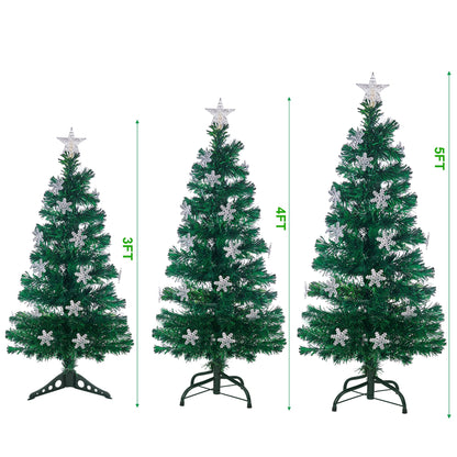 Juegoal 5 ft Pre-Lit Artificial Christmas Tree, Lighted Optical Fiber Xmas Trees with RGB Color Changing LED Lights, Snowflakes & Top Star, Festive Party Holiday Fake Multicolored Tree with Metal Legs