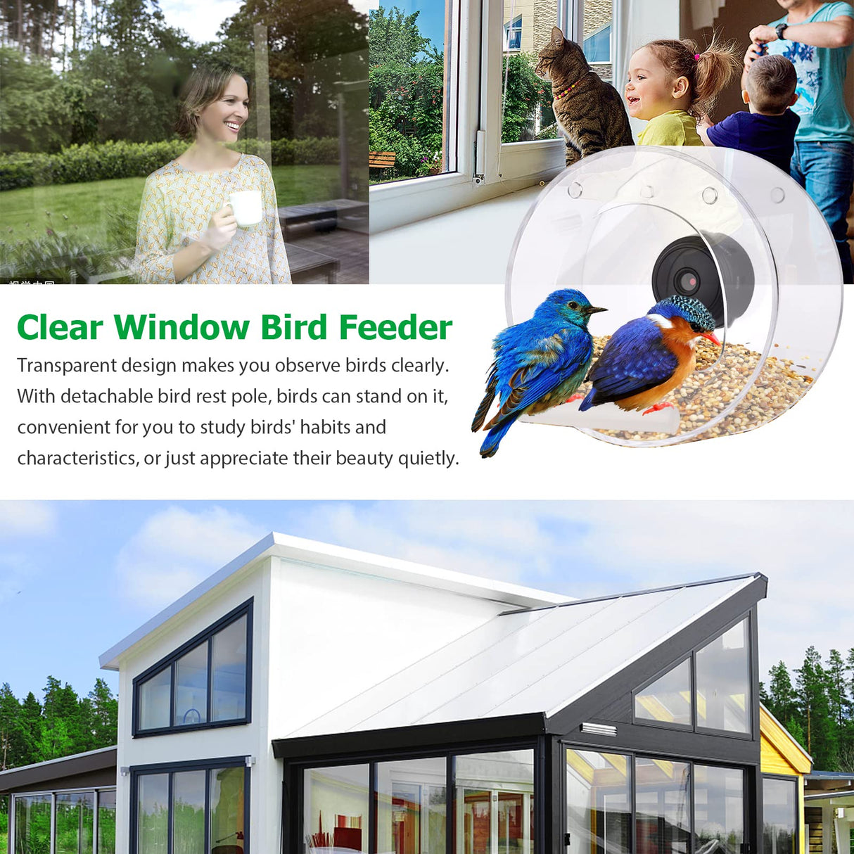 Clear Window Bird Feeder with Wifi Camera Suction Cup, Smart Transparent Round Birdfeeder with 16GB TF Card Photo Taking Video Recording IR Night Vision, Outside Birdhouse for Close Up View Outdoors Irfora