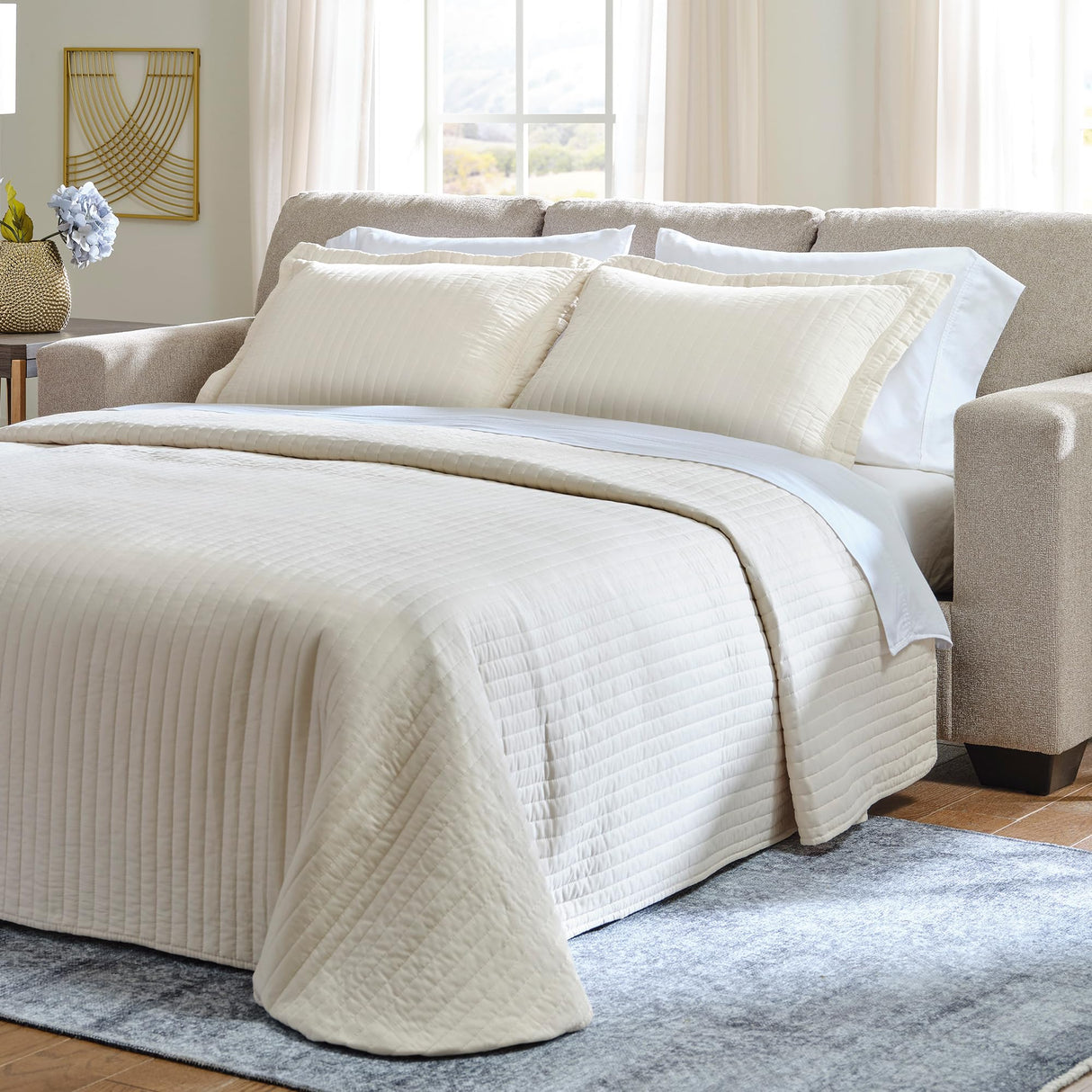 Signature Design by Ashley Deltona Contemporary 2-in-1 Sofa Sleeper with Folding Gel Memory Foam Mattress and 2 Accent Pillows, Queen, Beige Signature Design by Ashley