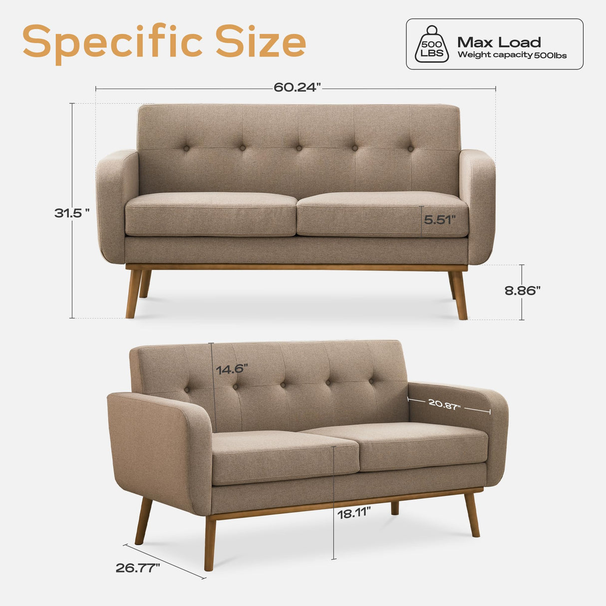 HUIMO 60'' Loveseat Sofa, Love Seat Couches for Living Room, Small Sofa with Solid Wood Frame, Button Tufted Sofa Couch for Bedroom, Office, Apartment (Brown) HUIMO