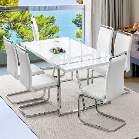 Dining Table Set for 6，White Rectangular MDF Kitchen Table and Leather Dining Chairs Set of 6, 7 Piece Dining Table Set，Modern Metal Frame Dining Room Table Set 6 with Metal Frame For Kitchen Ebullient