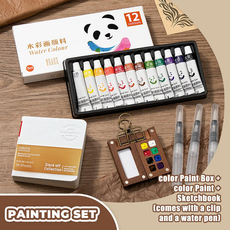 MUZMDNI Mini Watercolor Paint Set Portable, Travel Grid Paint Palette Box with Binder Clips Include 12 Colors Paint, Brush*3 and Picture Album Art Materials Coloring Markers (Brown Wood, S-8 Grids) MUZMDNI