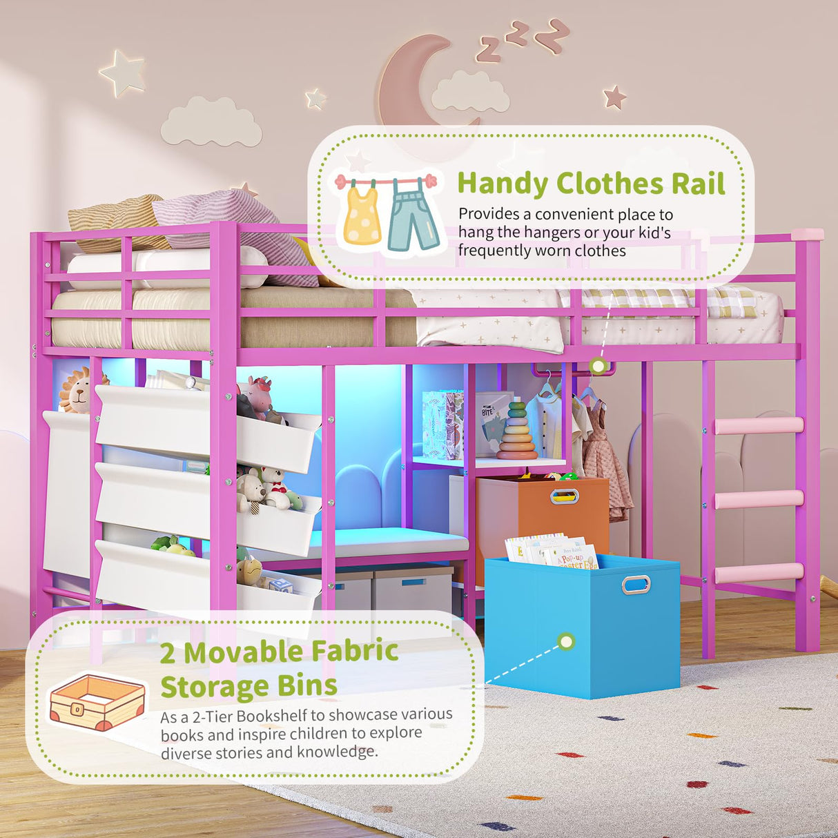 DICTAC Low Twin Size Loft Bed with Reading Corner and Bookshelf,Metal Twin Loft Bed with LED Lights,3 Sling Drawers&2 Movable Storage Bins,loft bed for Kids with 13.98"H Safety Guardrail & Stairs,Pink DICTAC