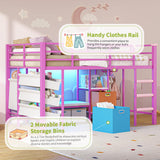 DICTAC Low Twin Size Loft Bed with Reading Corner and Bookshelf,Metal Twin Loft Bed with LED Lights,3 Sling Drawers&2 Movable Storage Bins,loft bed for Kids with 13.98"H Safety Guardrail & Stairs,Pink DICTAC
