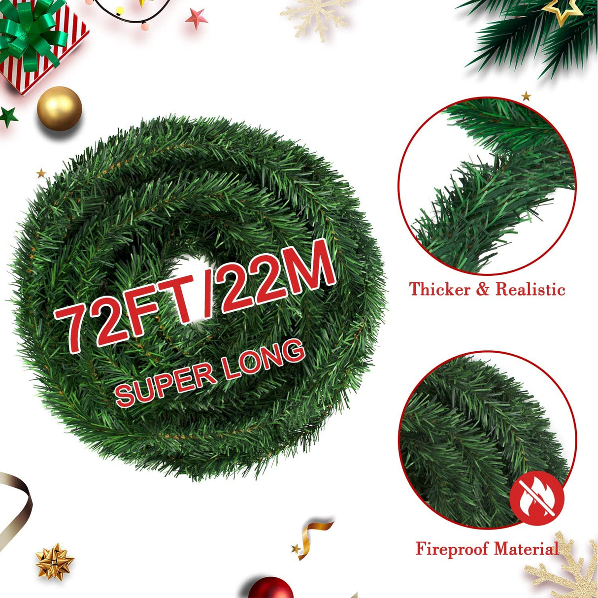 72Feet Christmas Garland, Icnice Garland Christmas Decorations with 36 Xmas Red Velvet Bow and 24Decor Ball, Artificial Pine Garland Xmas Tree Wreath Non-Lit Greenery Decoration for Home Wedding Party Icnice