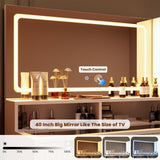 HAIOOU Fluted Vanity Desk with Mirror and Lights,48" Large Makeup Vanity Desk with Charging Station,Dressing Table with 4 Drawers & 3 Open Storage Shelves, Glass Top for Bedroom, White HAIOOU