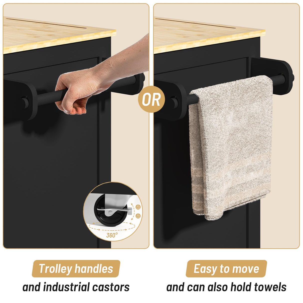 Kitchen Island with Trash Can Storage, Rolling Kitchen Island on Wheels, Tilt Out Trash Cabinet, Bamboo Tabletop, Towel Rack, Knife/Spice Rack, and Drawers, Black Glavbiku