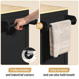 Kitchen Island with Trash Can Storage, Rolling Kitchen Island on Wheels, Tilt Out Trash Cabinet, Bamboo Tabletop, Towel Rack, Knife/Spice Rack, and Drawers, Black Glavbiku