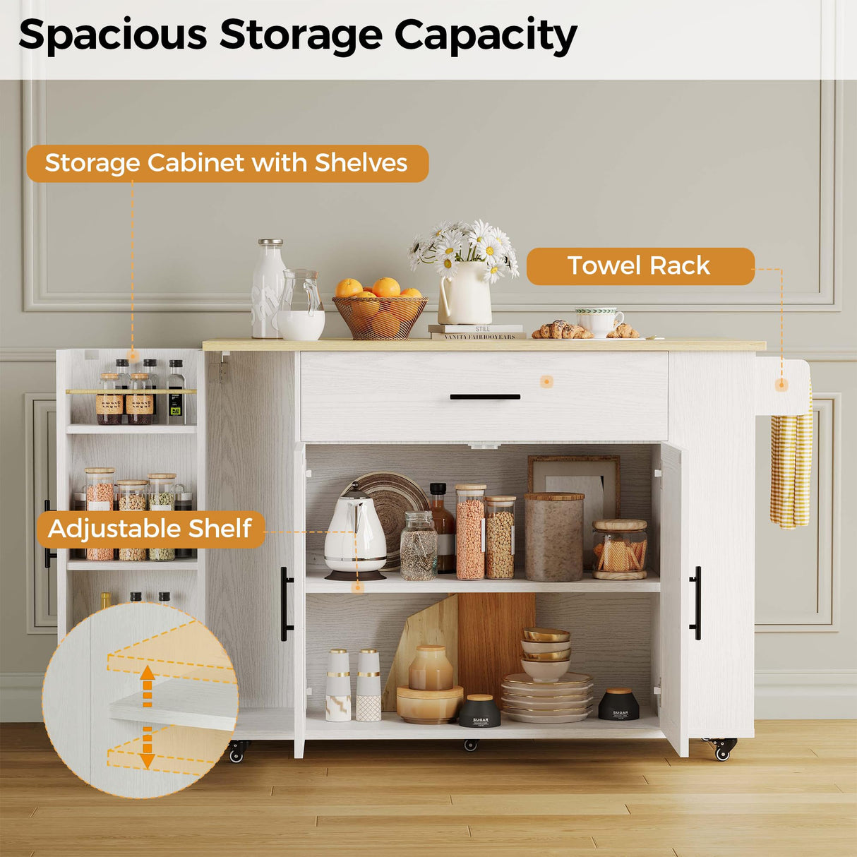 IRONCK Kitchen Island with Storage, 47.2in Rolling Island on Wheels, Kitchen Cart with Drop Leaf, Drawer and Towel Rack for Home, Dining Room IRONCK