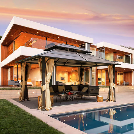 MELLCOM 12 x 14 FT Iron Hardtop Gazebo, Double Roof Gazebo with Curtains and Netting, Waterproof Canopy Gazebo with Anti-Rust Coating Frame for Patios, Lawns, Gardens, and Backyard MELLCOM