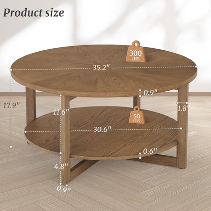 Cozyman Round Coffee Table, 35" Rustic Modern Circle Coffee Tables with 2-Tier Storage Shelf, Sofa Table, Cocktail Table for Living Room, Dark Wood - WoodArtSupply