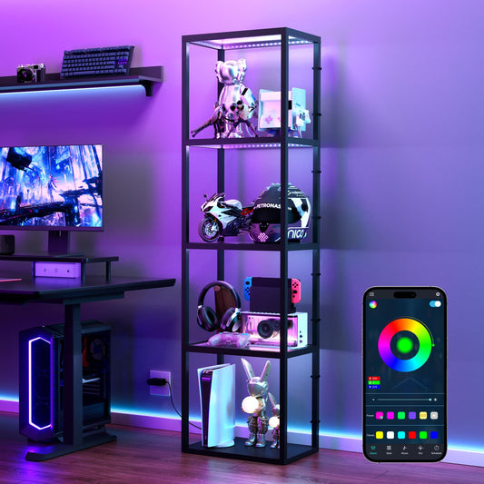 SUPERDANNY Display Cabinet with RGB Light,Curio Cabinet with Remote/App Control,Dimmable LED Floor Lamp with Shelves,Glass Display Case with Music Pick-up DIY Light Colors for Gamingroom Decor