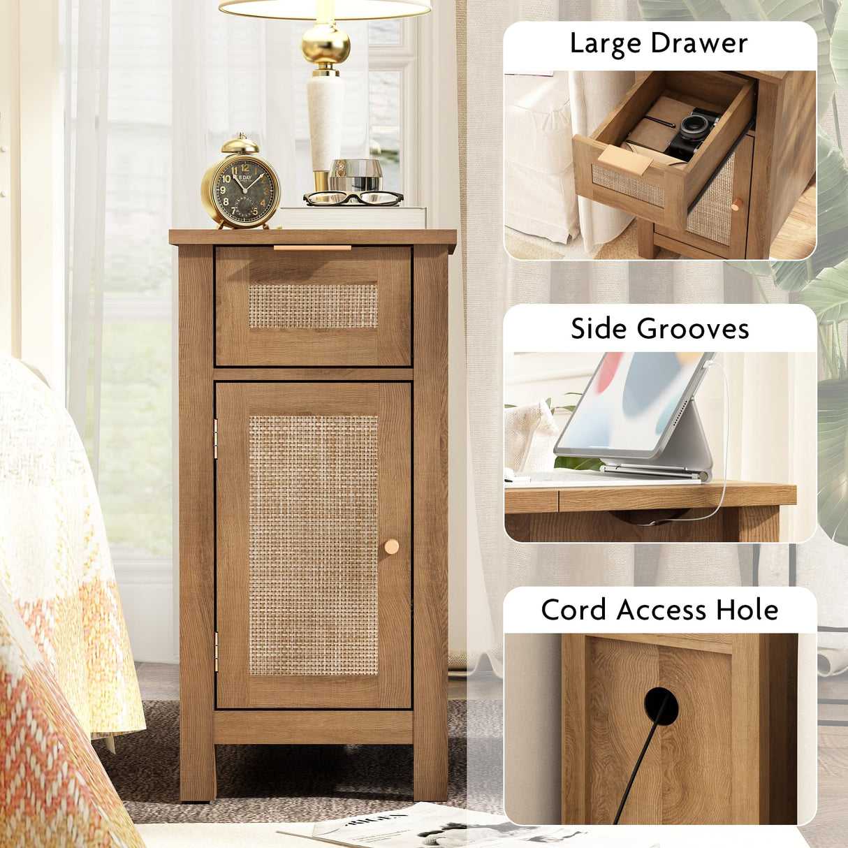 Narrow End Table with Charging Station - Midcentury Rattan Slim Side Table with USB Ports and Power Outlets, Nightstand with Flip Top and Storage Drawer, for Small Spaces Living Room Bedroom, Set of 2 WINWY