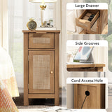 Narrow End Table with Charging Station - Midcentury Rattan Slim Side Table with USB Ports and Power Outlets, Nightstand with Flip Top and Storage Drawer, for Small Spaces Living Room Bedroom, Set of 2 WINWY