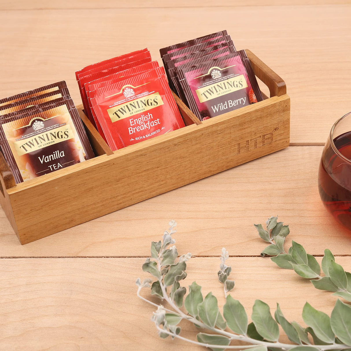 HTB Small Tea Bag Box Wooden, 3 Compartments Acacia Wood Tea Bag Chest with Handle, Mini Countertop Divided Storage Container for Beverage Supplies, Sugar, Sweeteners, Individual Packets HTB