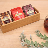 HTB Small Tea Bag Box Wooden, 3 Compartments Acacia Wood Tea Bag Chest with Handle, Mini Countertop Divided Storage Container for Beverage Supplies, Sugar, Sweeteners, Individual Packets HTB