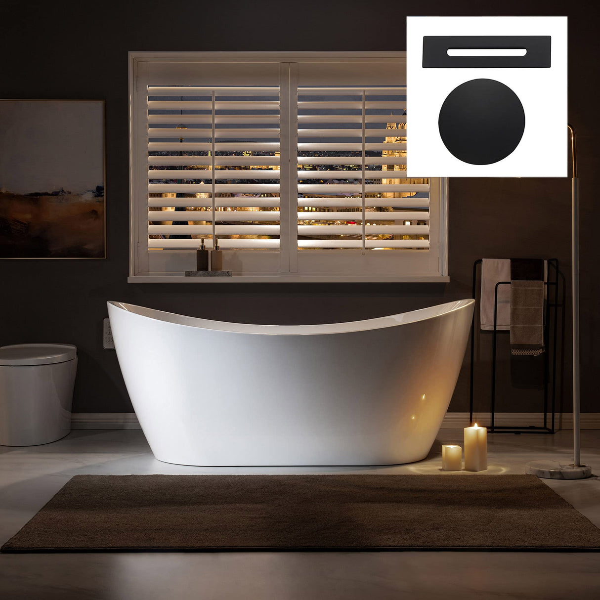 WOODBRIDGE 67" Acrylic Freestanding Bathtub Contemporary Soaking White Tub with Matte Black Overflow and Drain,B0010-MB WOODBRIDGE