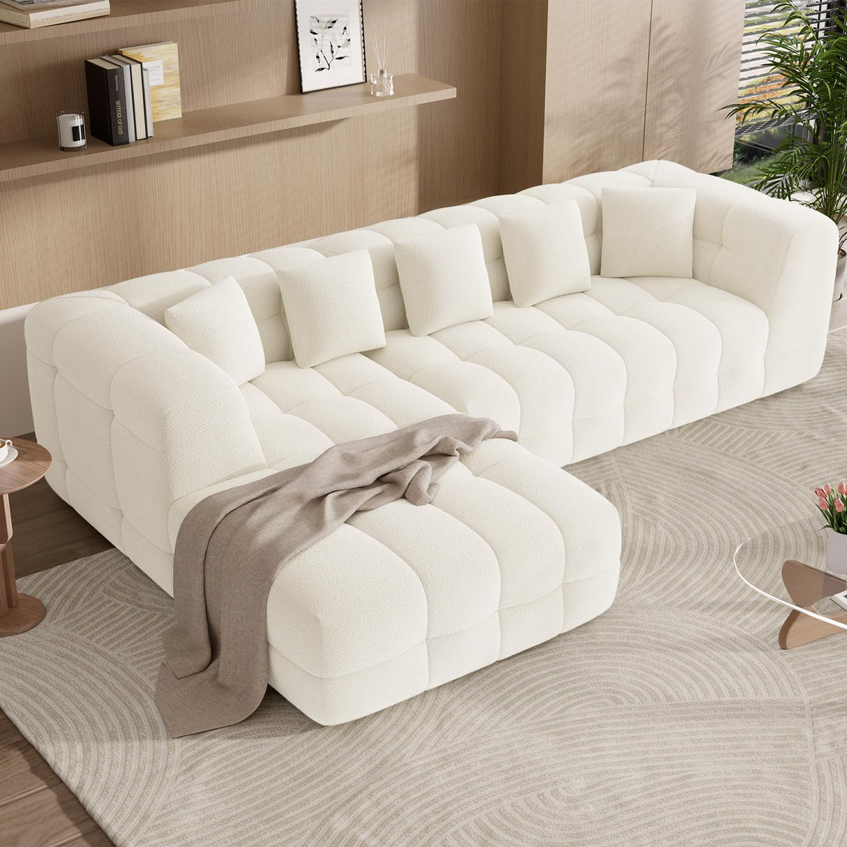 Daluvenix 107" Modern Boneless Couch with L - Shaped Chaise, Comfy Chenille Modular Sectional Sofa with Tufted Design, Deep Seat Upholstered Sofa Bed, No - Assembly Sectional Couch, White Daluvenix
